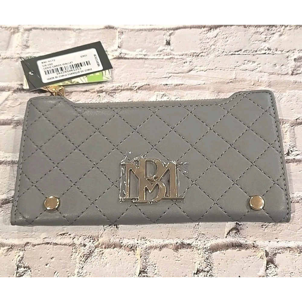Badgley Mischka Diamond Quilting Long Wallet Gray Vegan Leather BM-4172 MSRP $59
